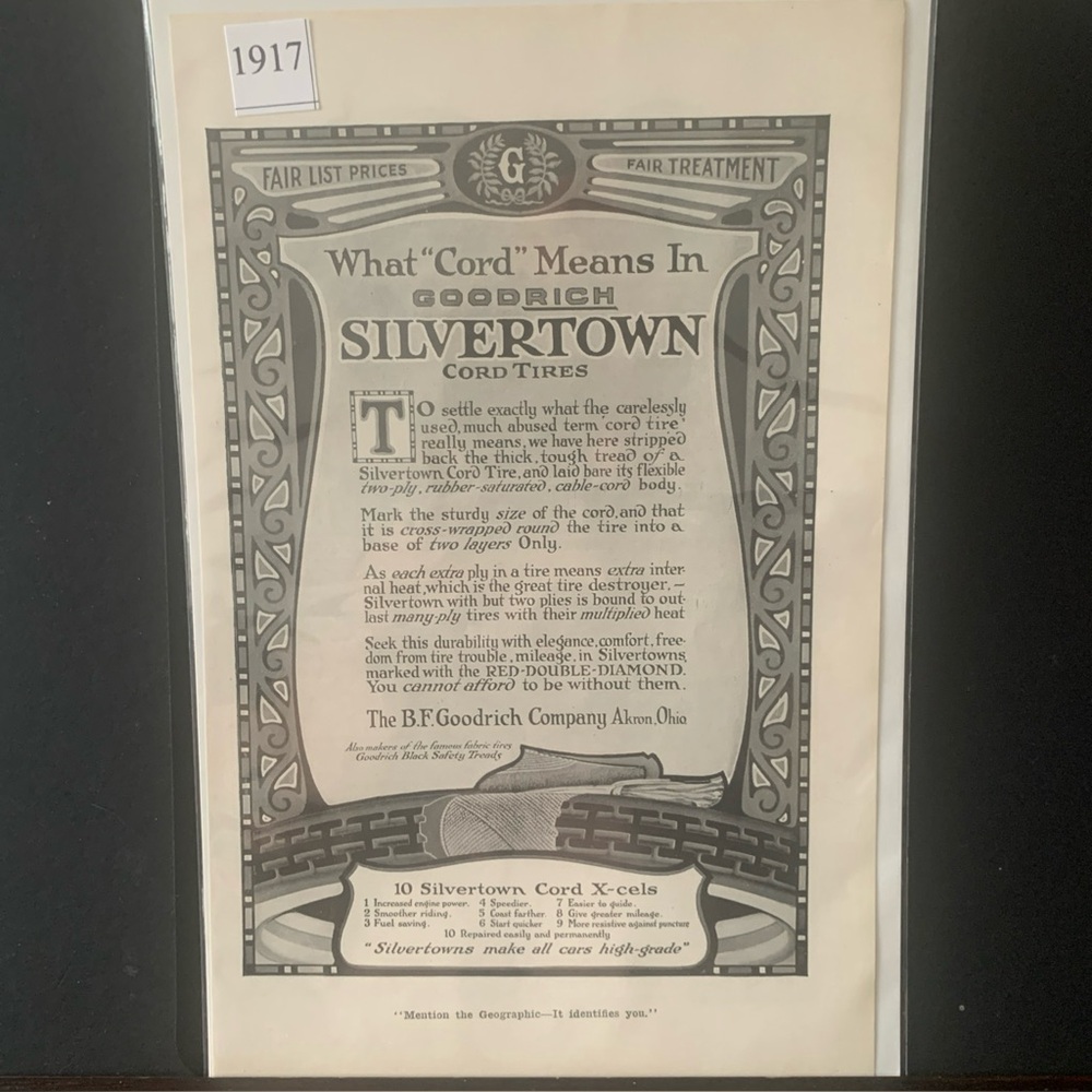 Vintage 1917 Goodrich Silvertown Cord Tires Ad Advertisement